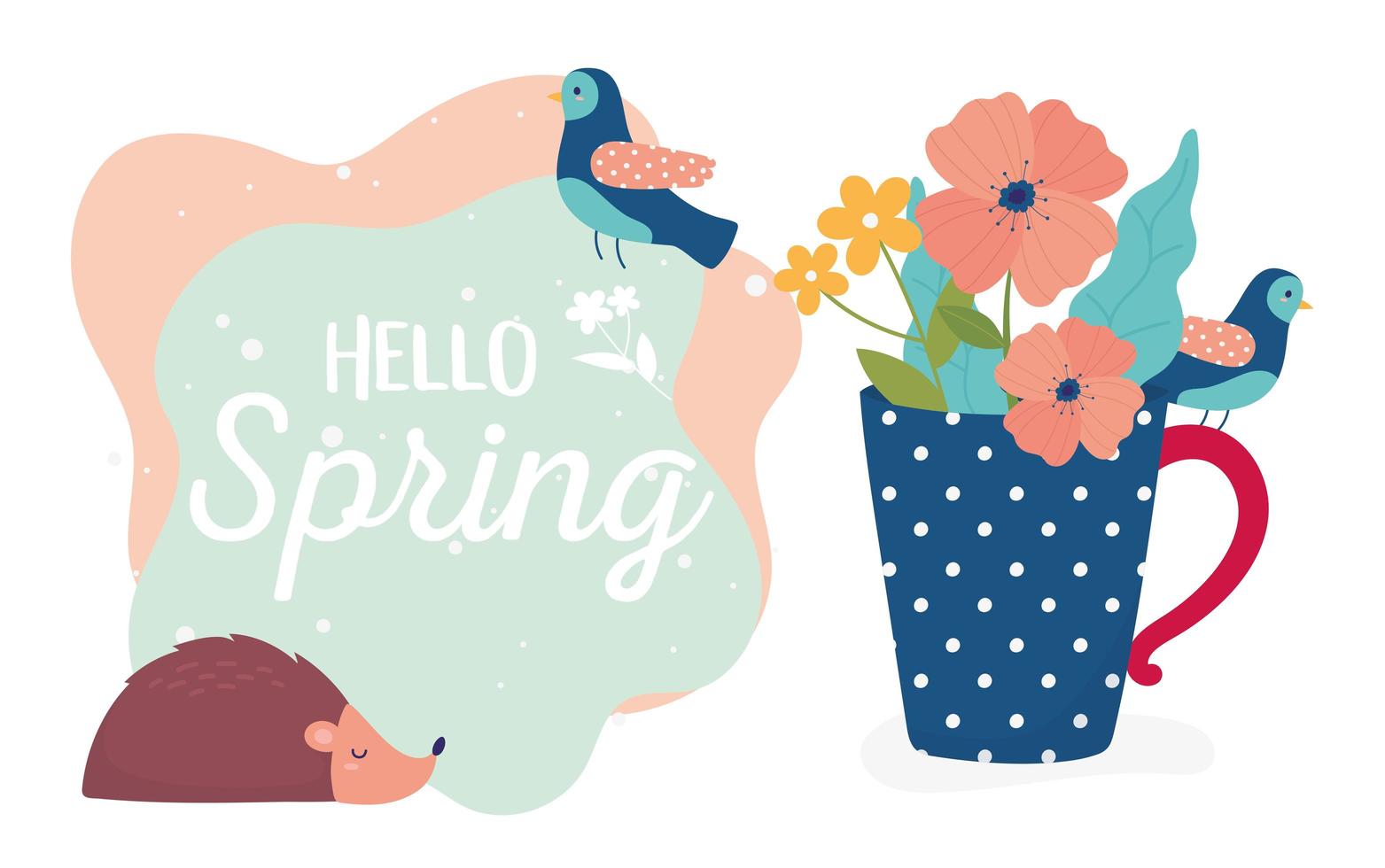 hello spring hedgehog flowers in vase decoration season vector