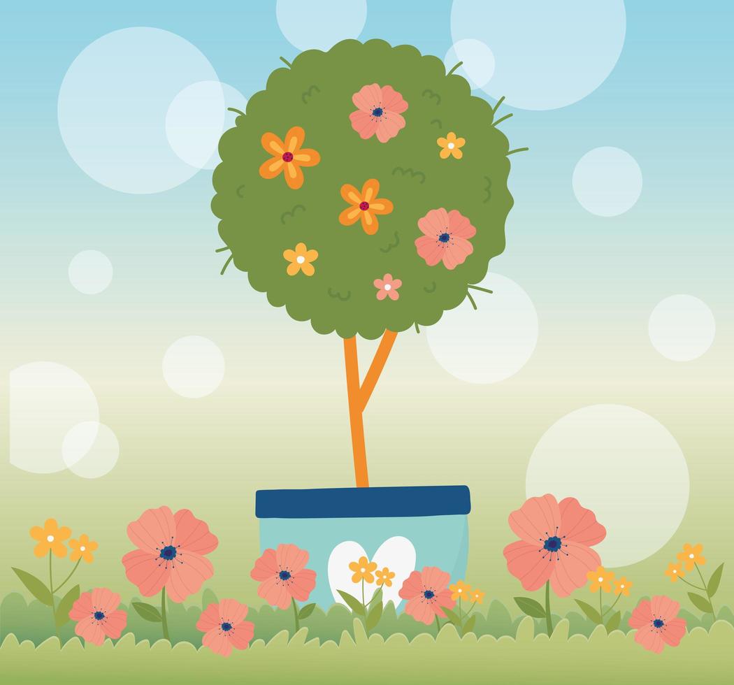 Feliz primavera las flores del árbol en maceta hierba floral desenfoque de fondo vector