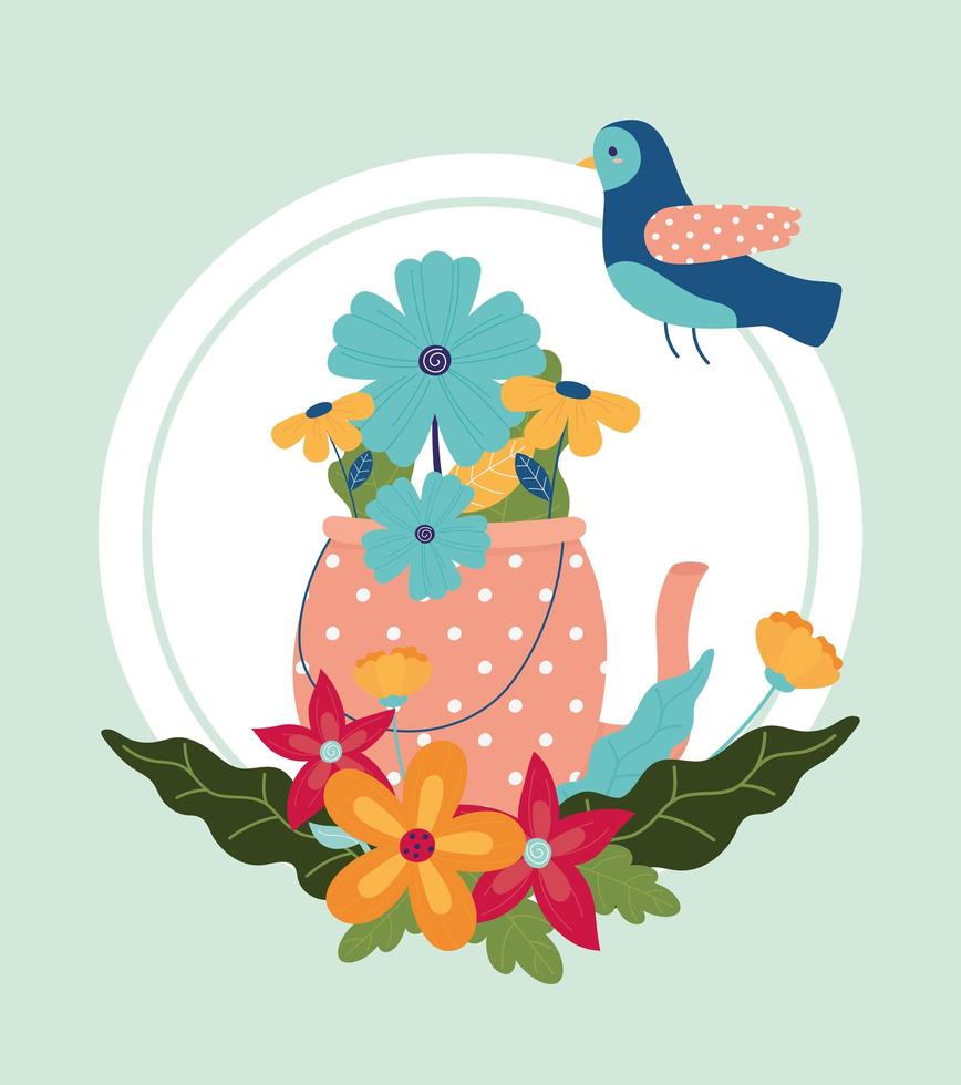 hello spring arrangement flowers floral in vase with bird decoration vector