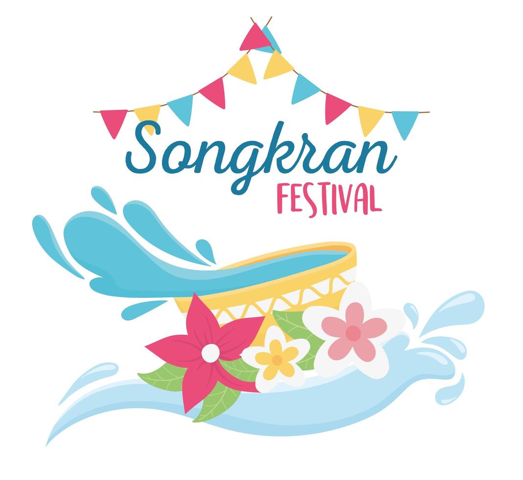 songkran festival water in bowl flowers flags decoration vector