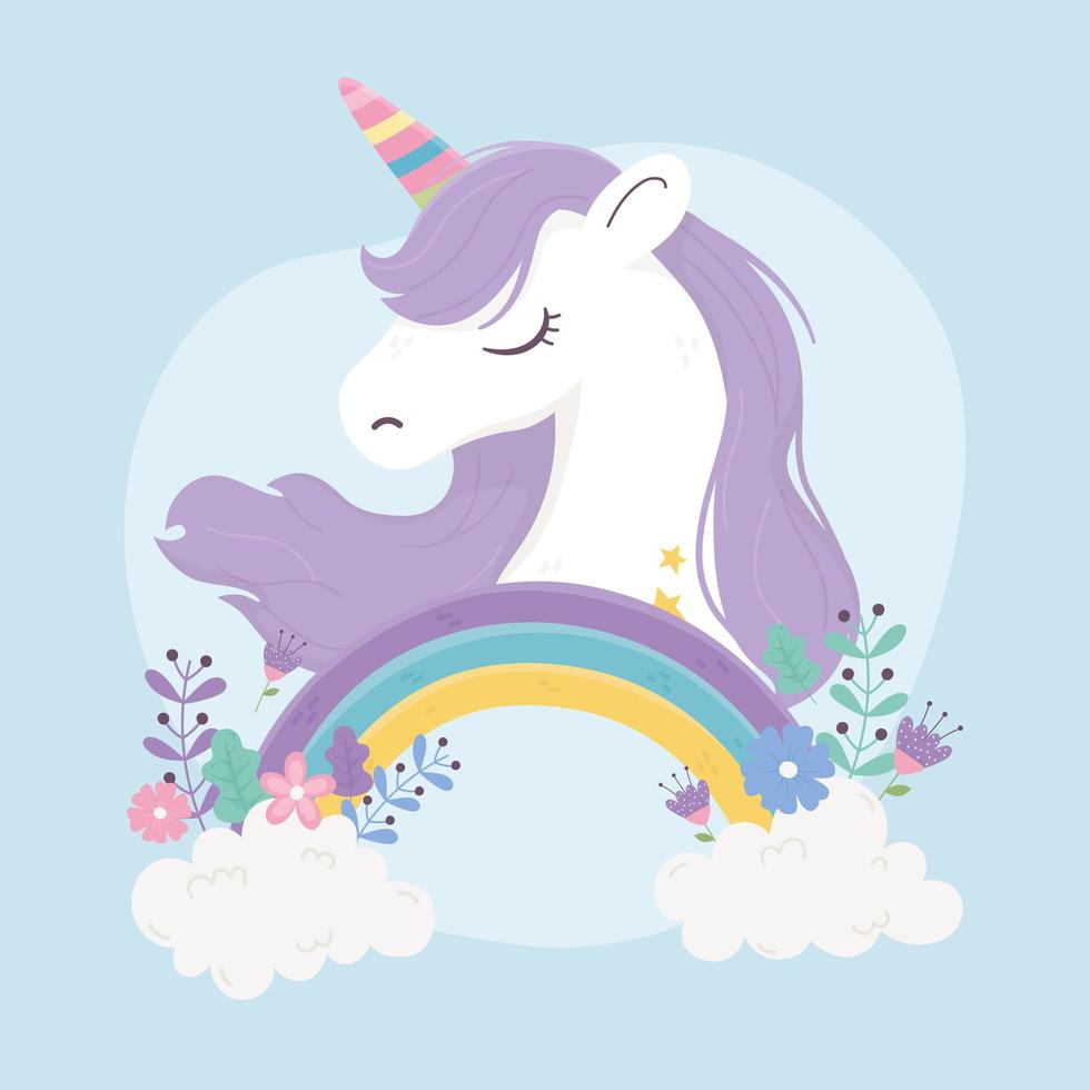 unicorn rainbow flowers clouds sky fantasy dream cute cartoon vector