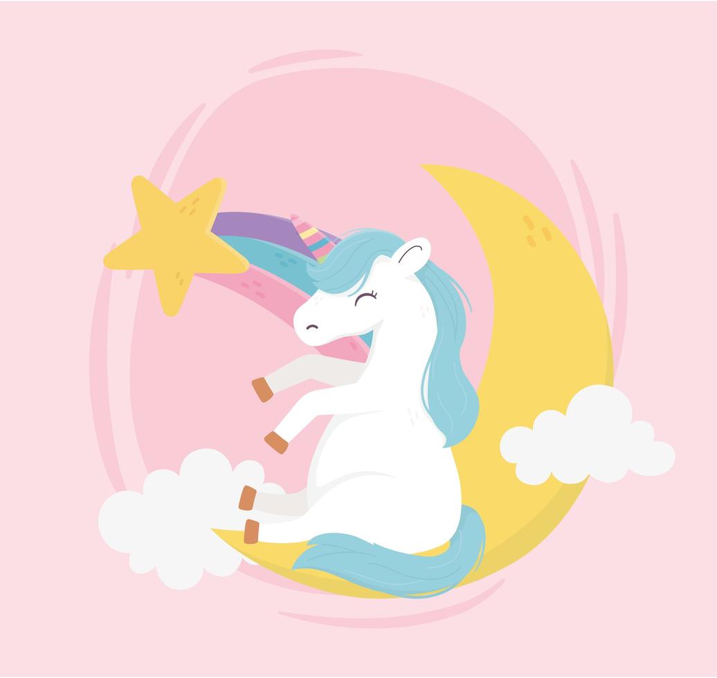 unicornio sentado en la luna nubes estrella fantasía magia sueño lindo dibujos animados vector