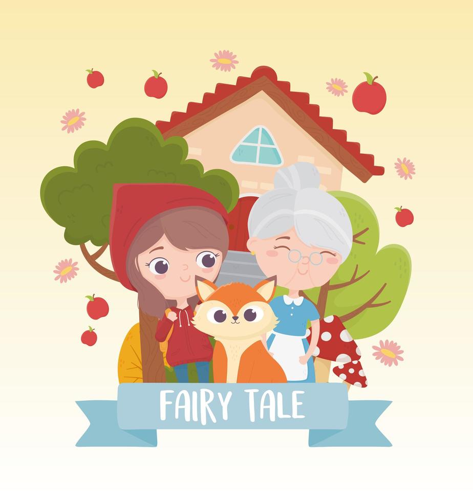little red riding hood granny and wolf fairy tale cartoon vector