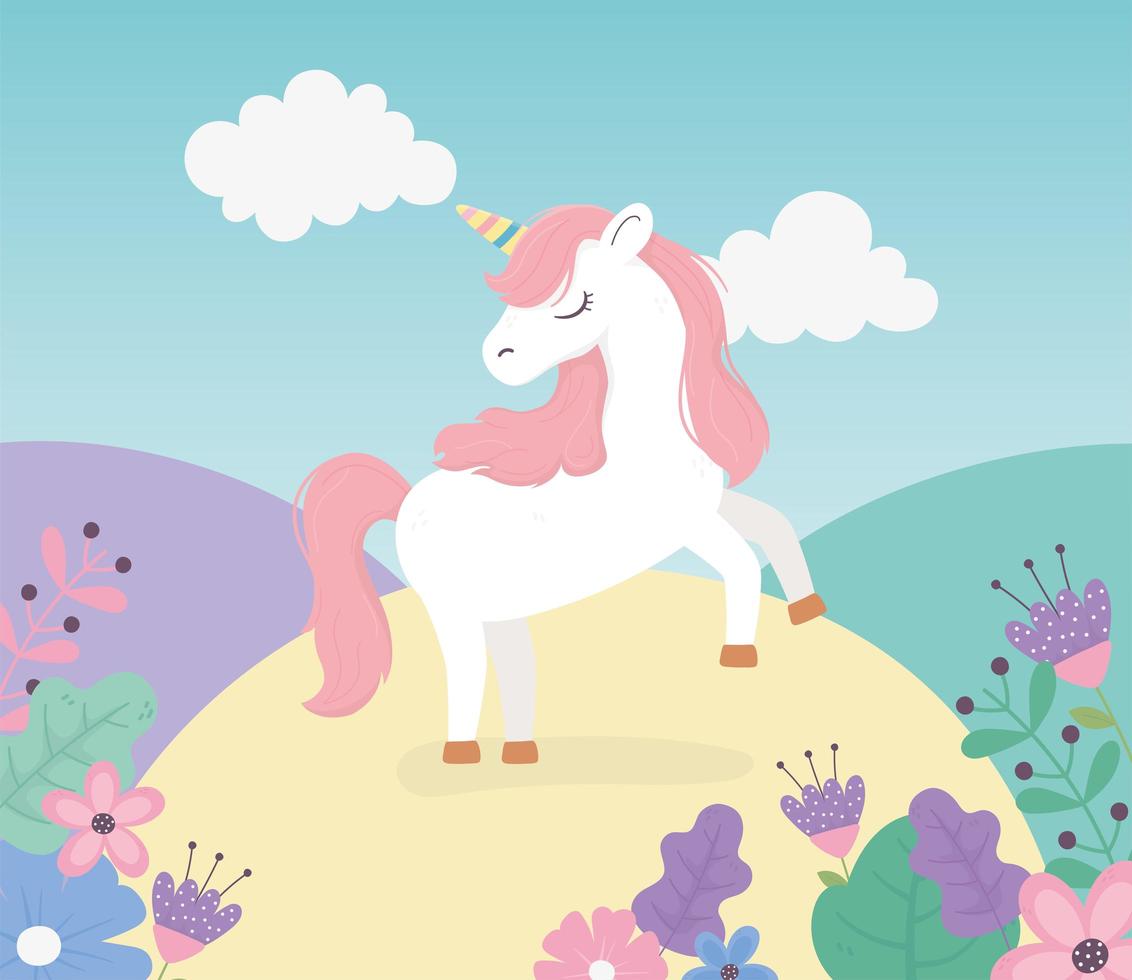 unicorn meadow flowers nature fantasy magic cute cartoon vector