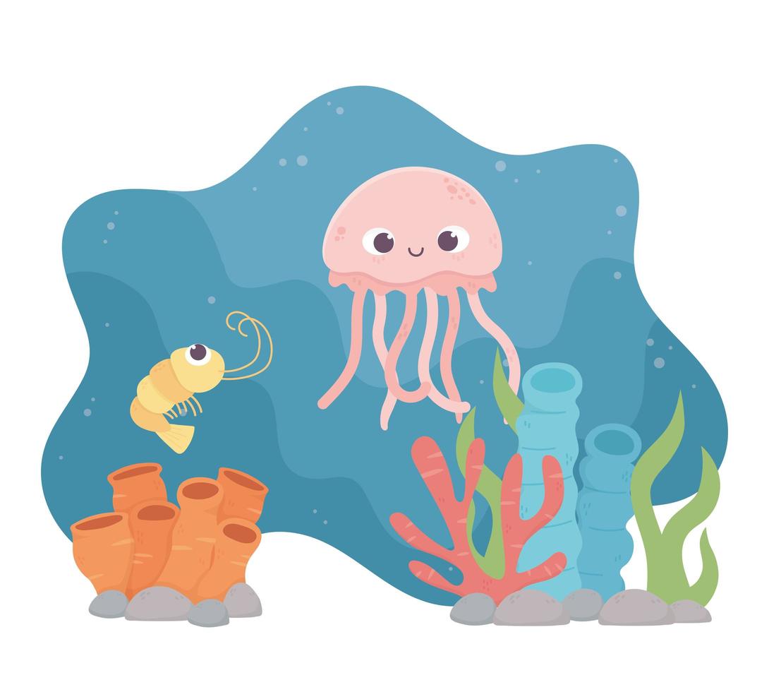 medusas vida de camarón arrecife de coral dibujos animados bajo el mar vector