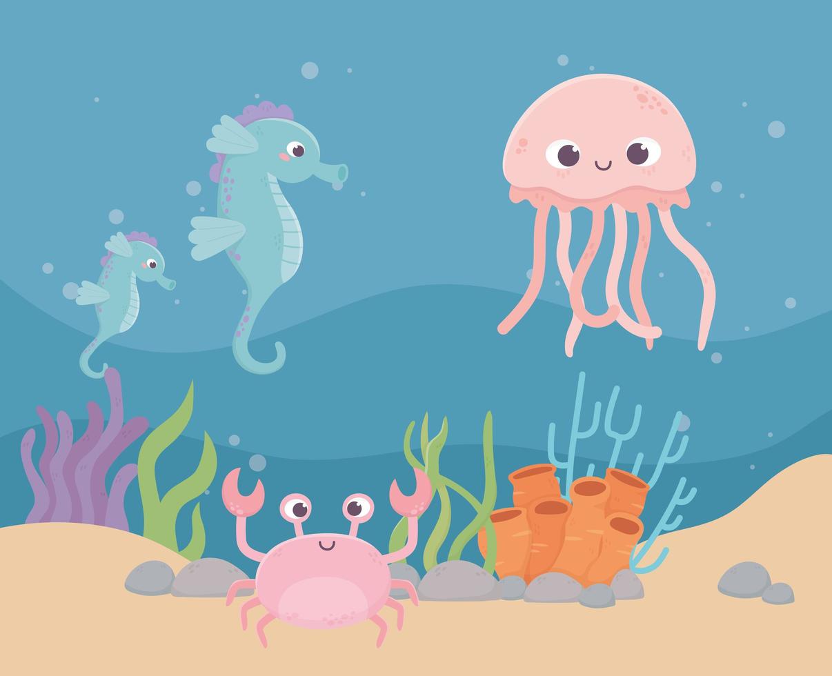 jellyfish seahorses crab life coral reef cartoon under the sea vector