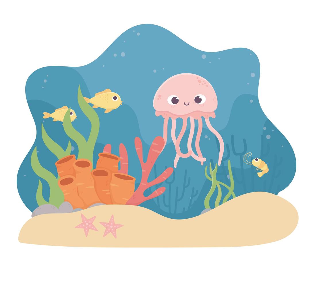 jellyfish fishes starfish shrimp life coral reef under the sea vector