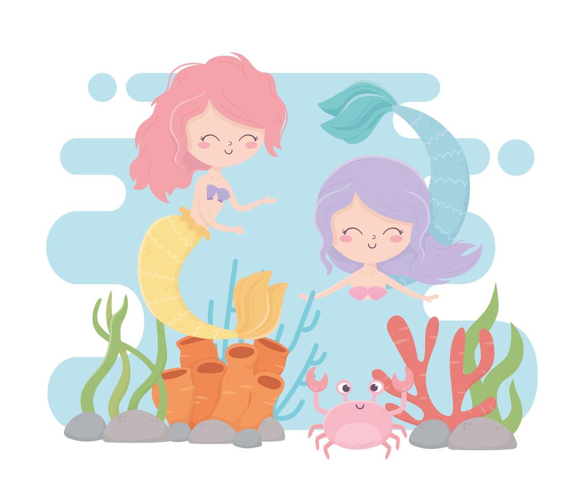 mermaids and crab reef coral cartoon under the sea vector