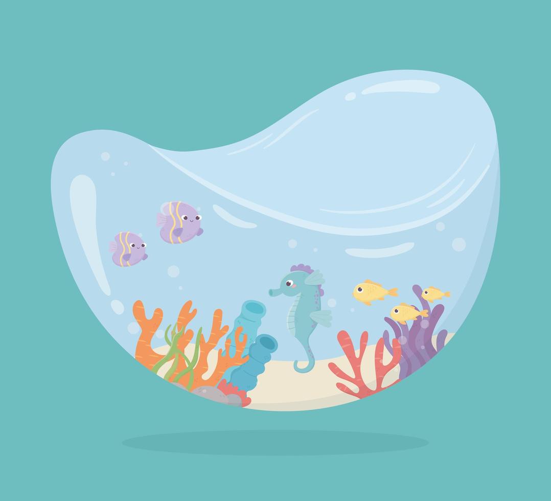 seahorse fishes coral sand water under sea cartoon vector