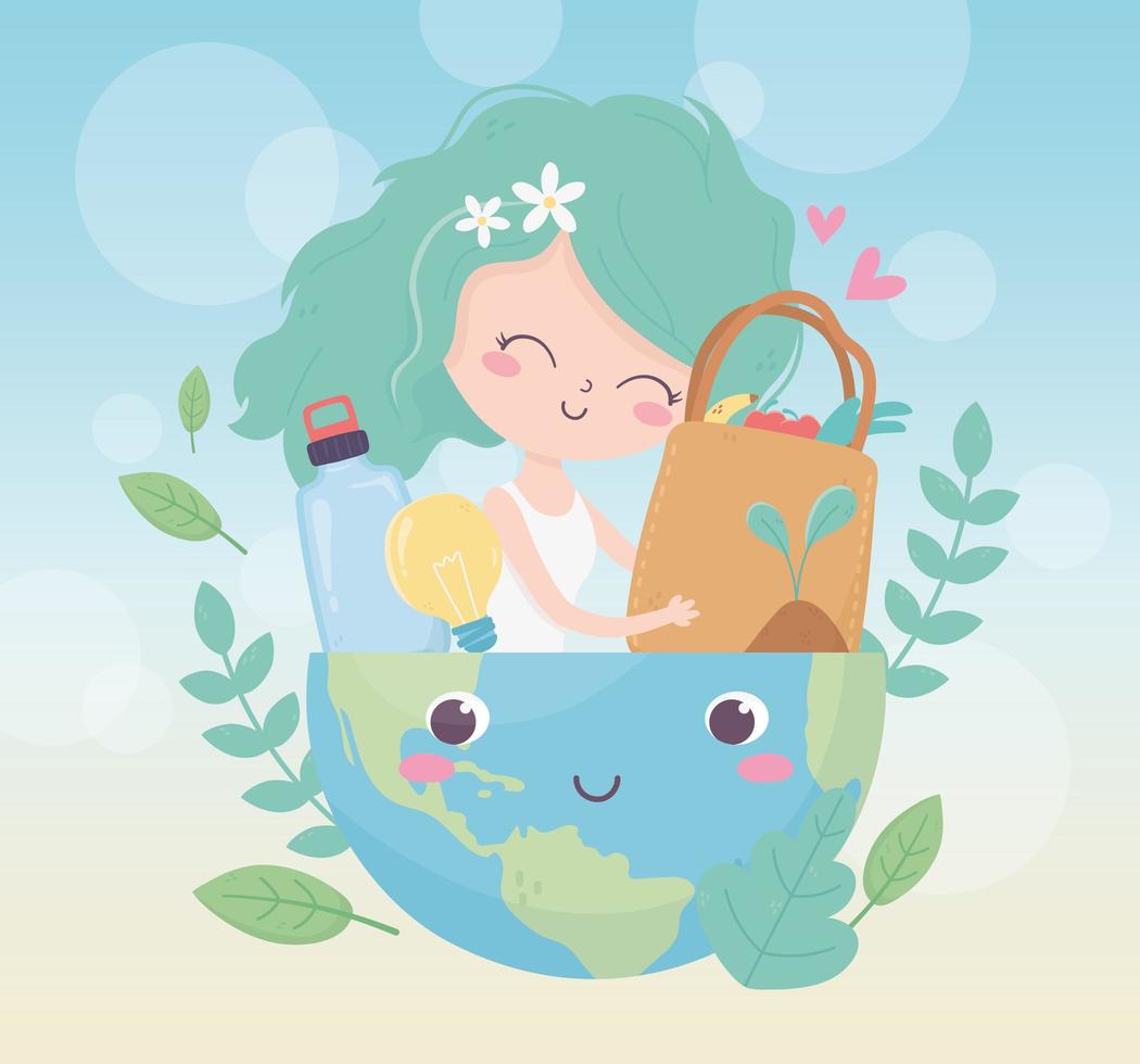 cute girl in world with bag bottle plants environment ecology vector
