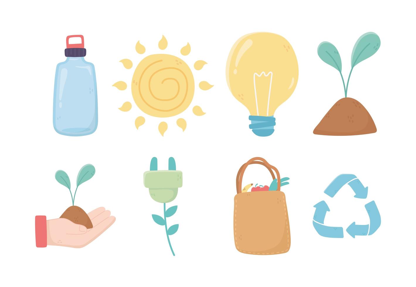 bulb plant shopping bag recycle bottle environment ecology icons vector