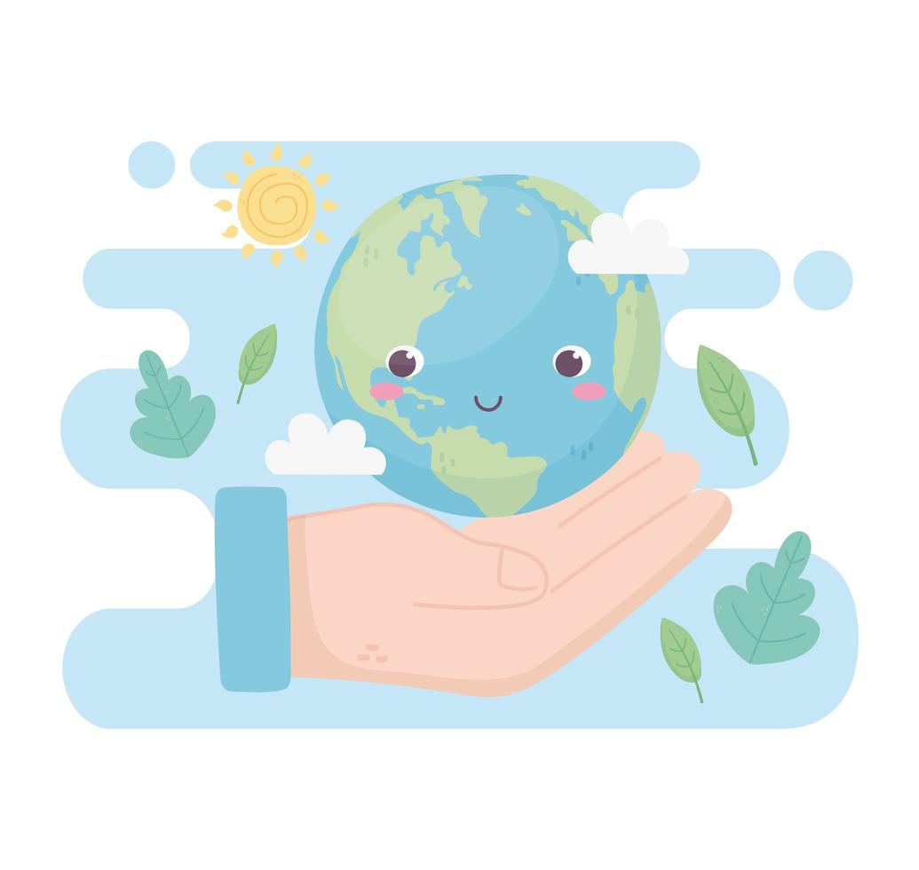 hand with world leaves clouds sun environment ecology vector