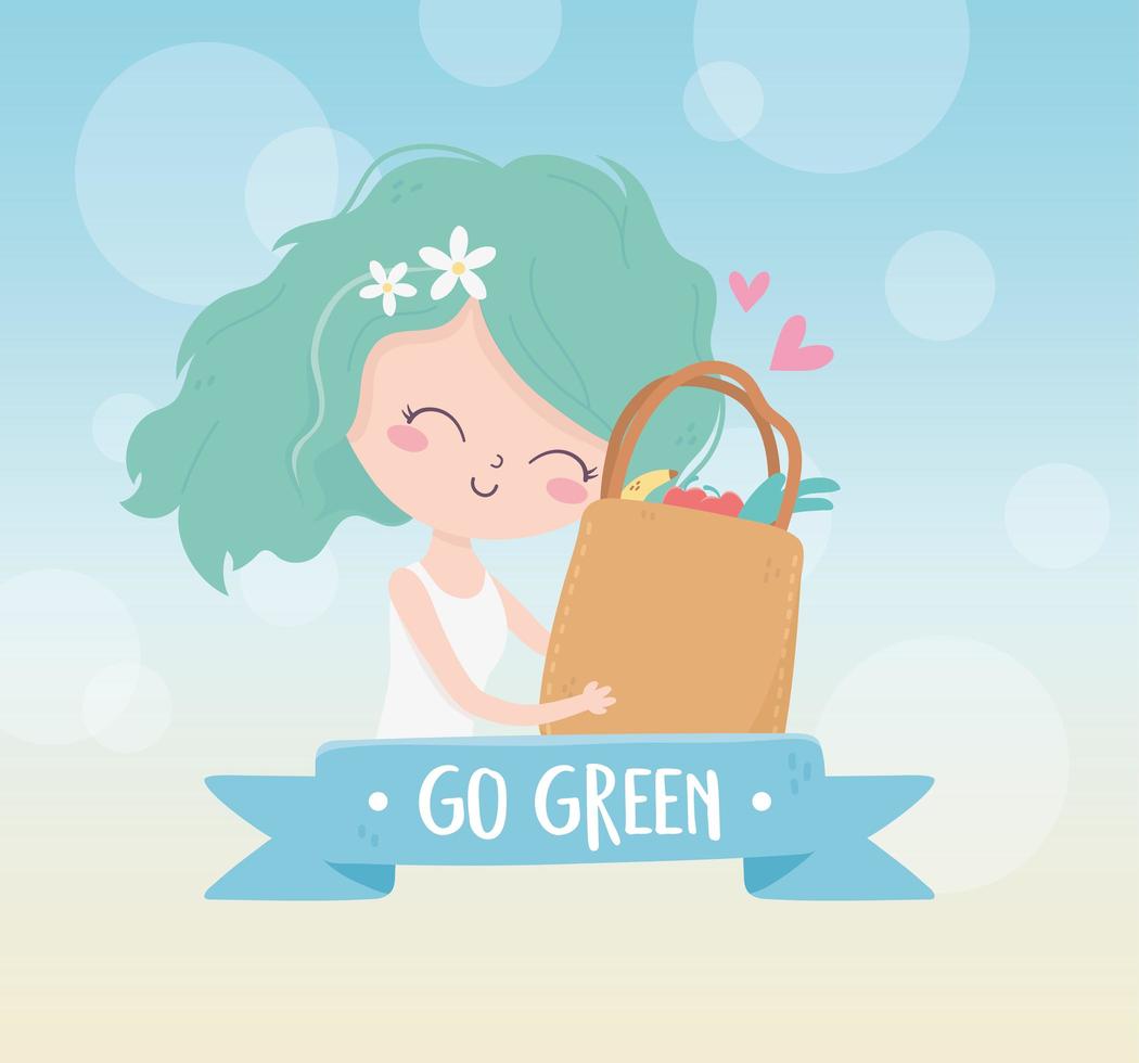 linda chica con bolsa de compras mercado medio ambiente ecología vector