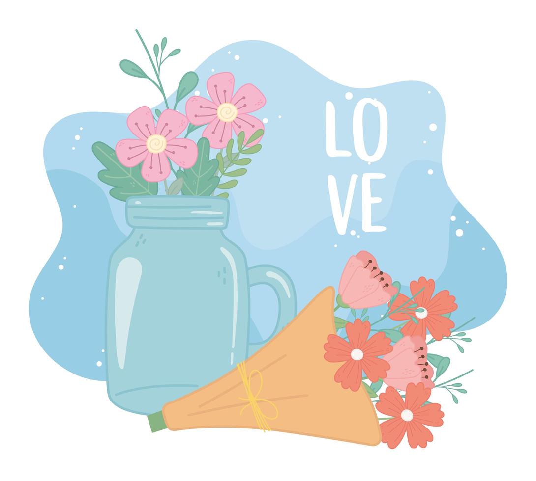 mason jar and bouquet flowers romantic decoration vector