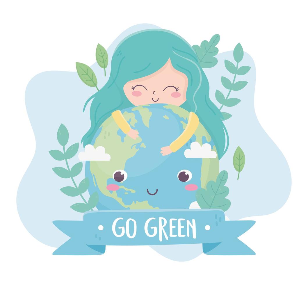 cute girl hugs world plants nature environment ecology vector