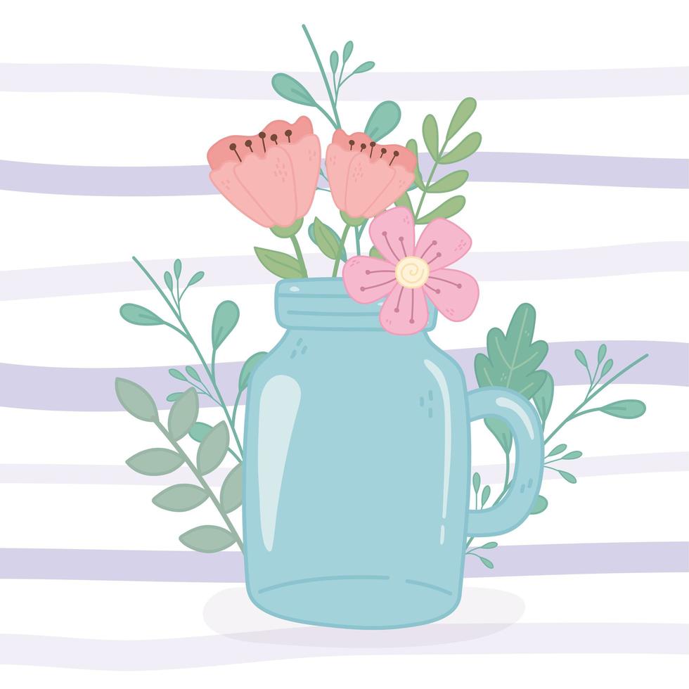 mason jar with delicate flowers decoration stripes background vector