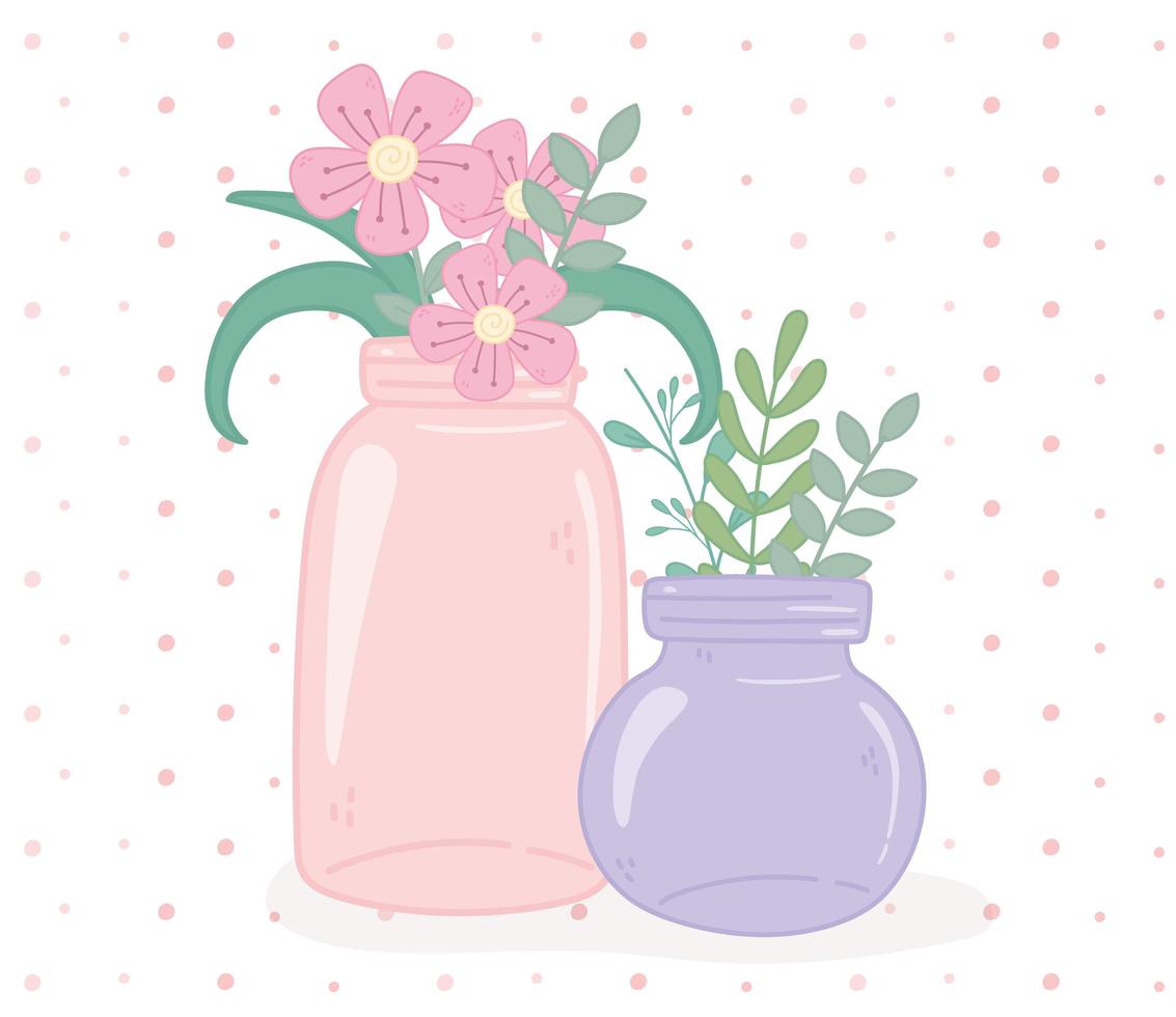 mason jars glass with fowers and leaves foliage decoration vector