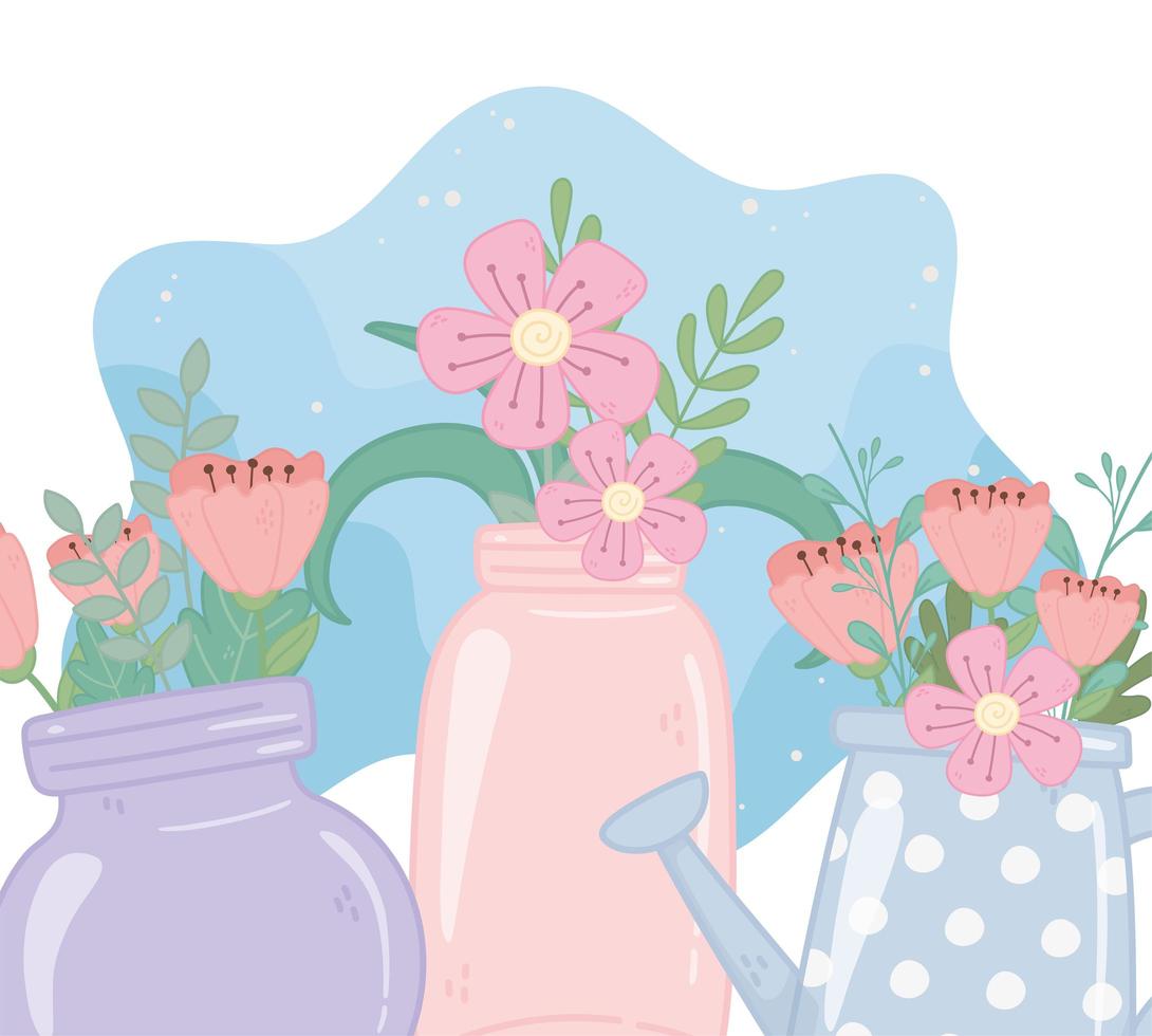 mason jars and watering can with flowers foliage nature decoration vector