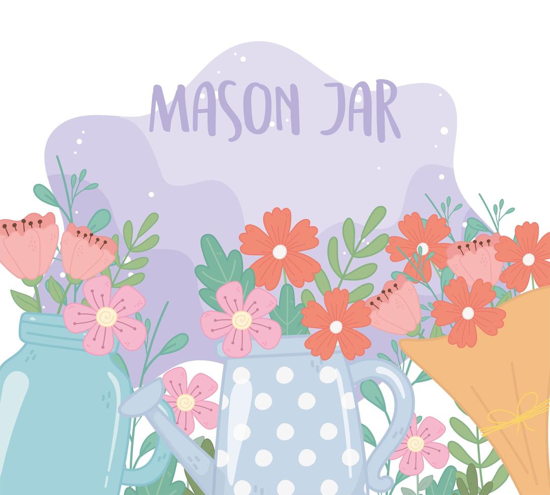 mason jar bouquet and watering can with flowers foliage decoration vector