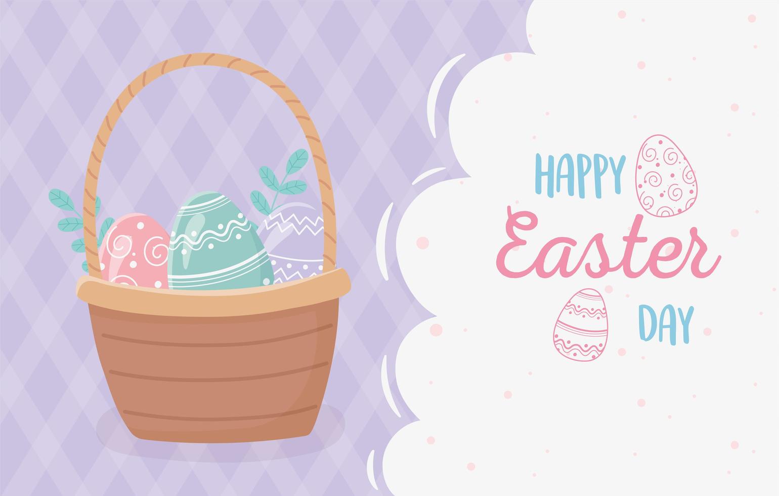 happy easter basket with eggs and foliage decoration vector