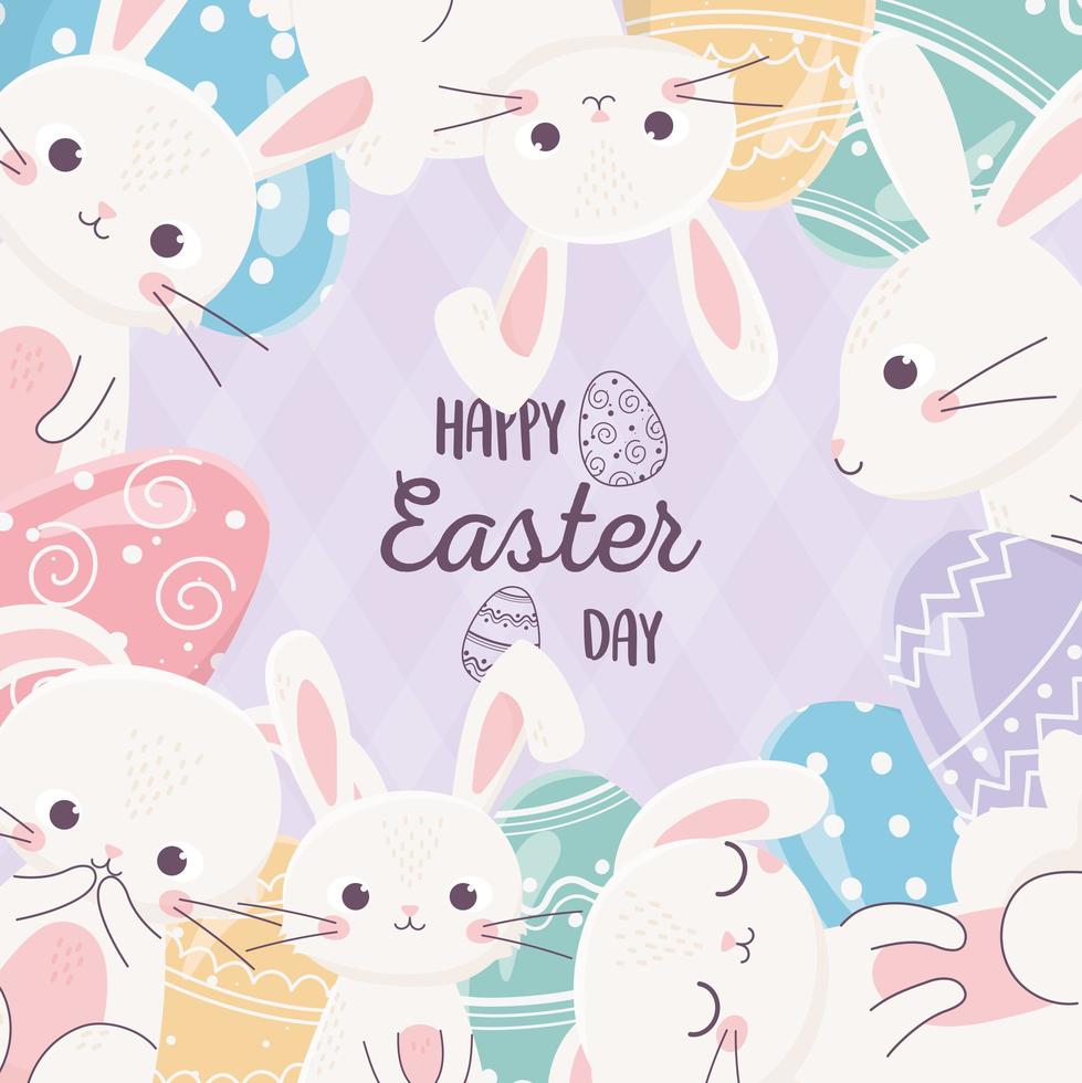 happy easter day lovely rabbits with cute eggs poster vector