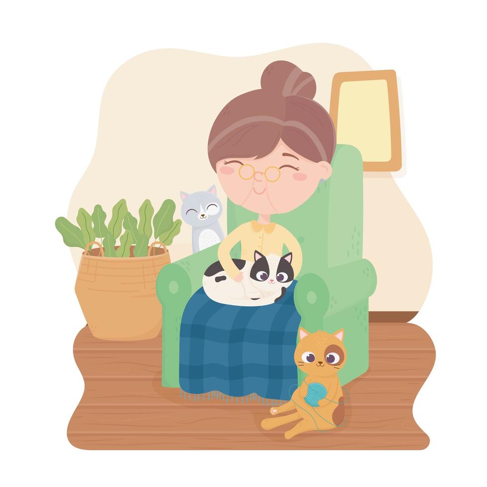 old woman sitting on chair with cats in the room vector