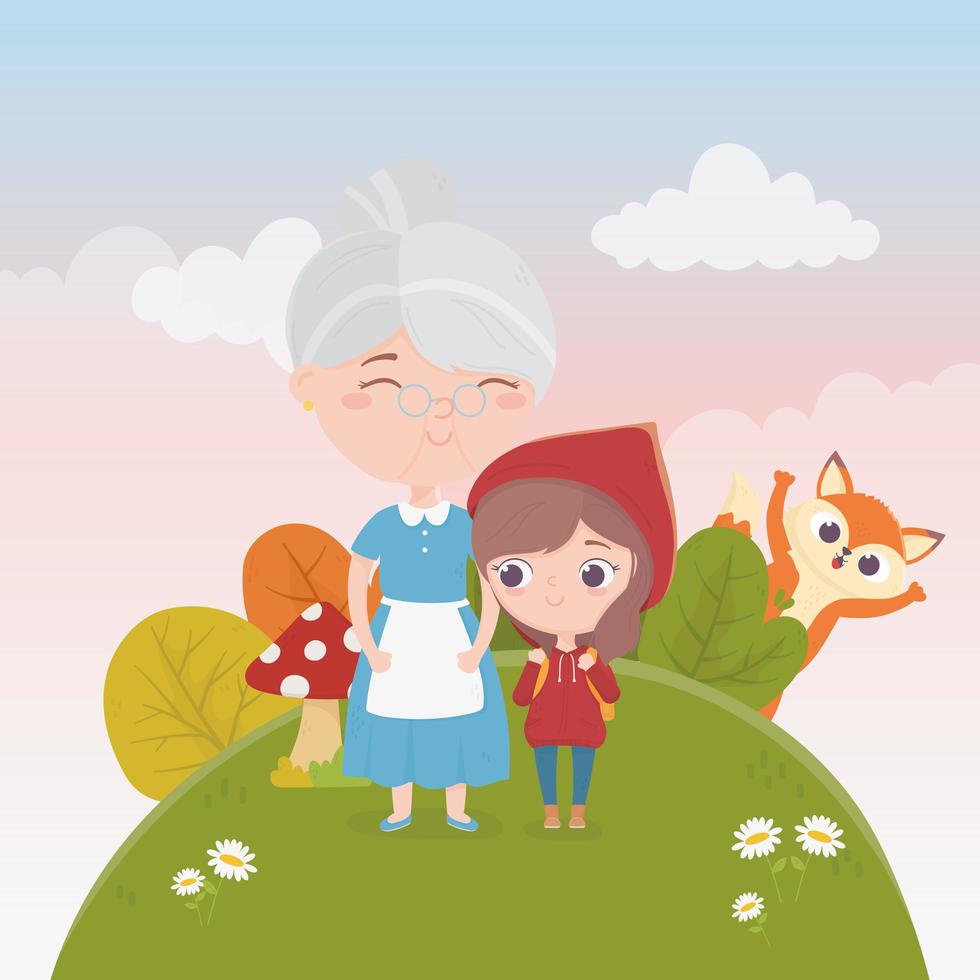 little red riding hood with grandma and wolf nature fairy tale vector