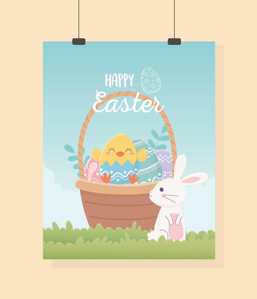 happy easter cute rabbit with basket filled eggs vector