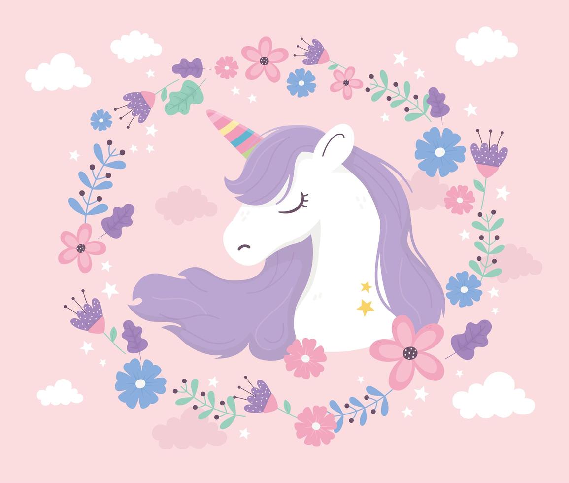 unicornio flores nubes fantasía magia sueño lindo dibujos animados vector