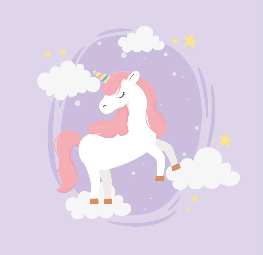 unicornio estrellas nubes decoracion fantasía magia sueño lindas dibujos animados vector