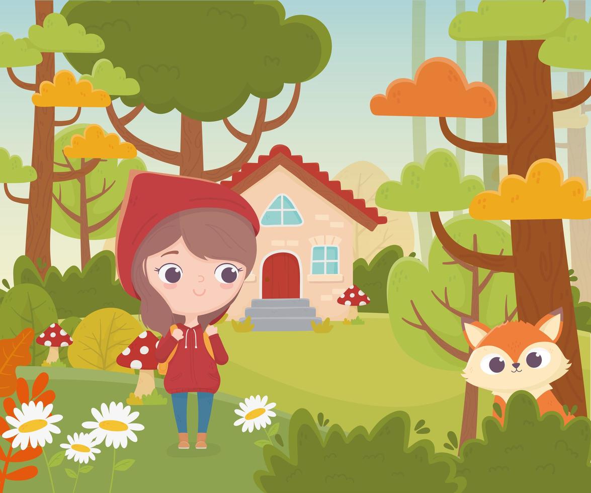 caperucita roja y casa lobo bosque cuento de hadas dibujos animados vector