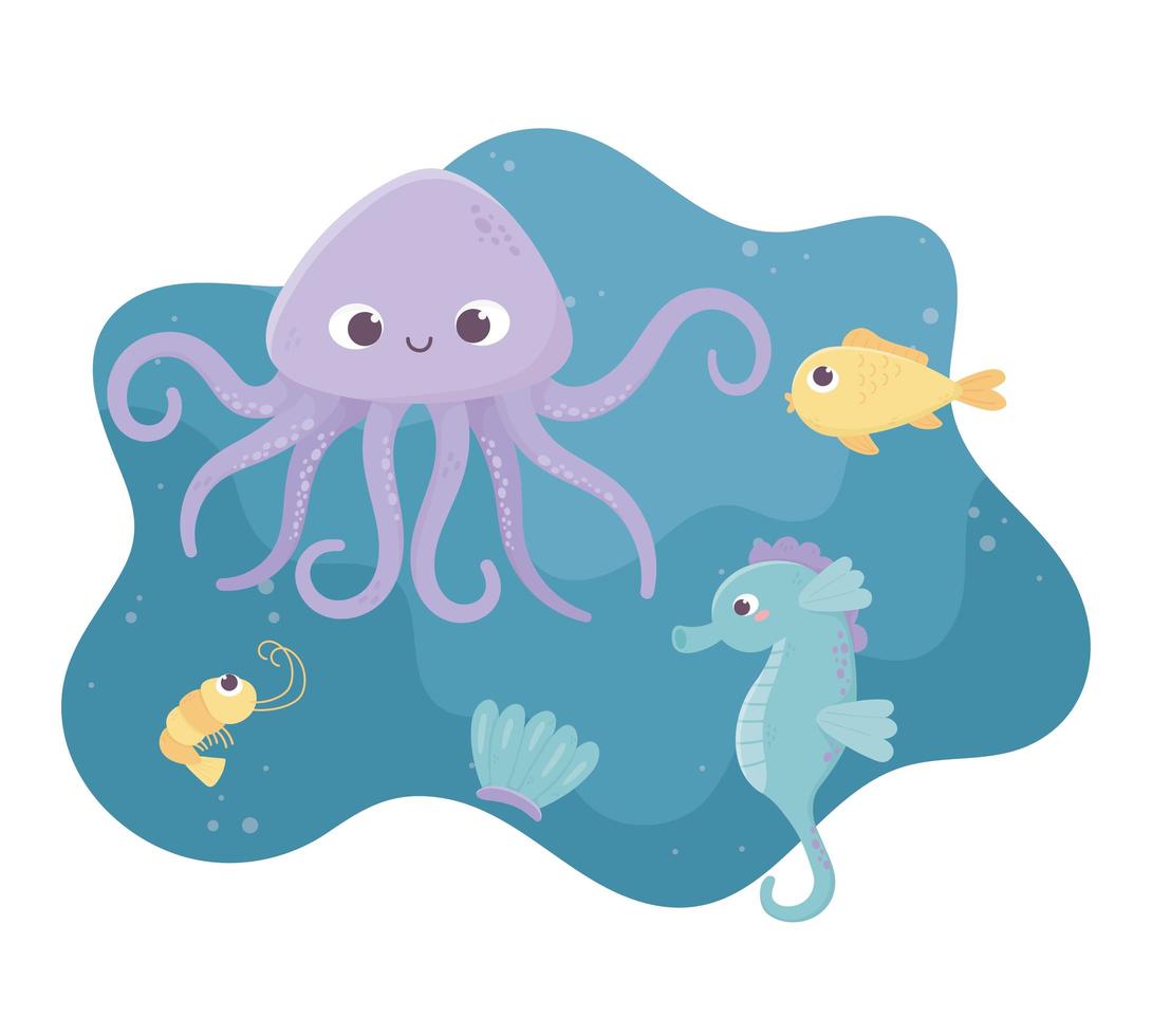 octopus seahorse fish shrimp and shell life cartoon under the sea vector