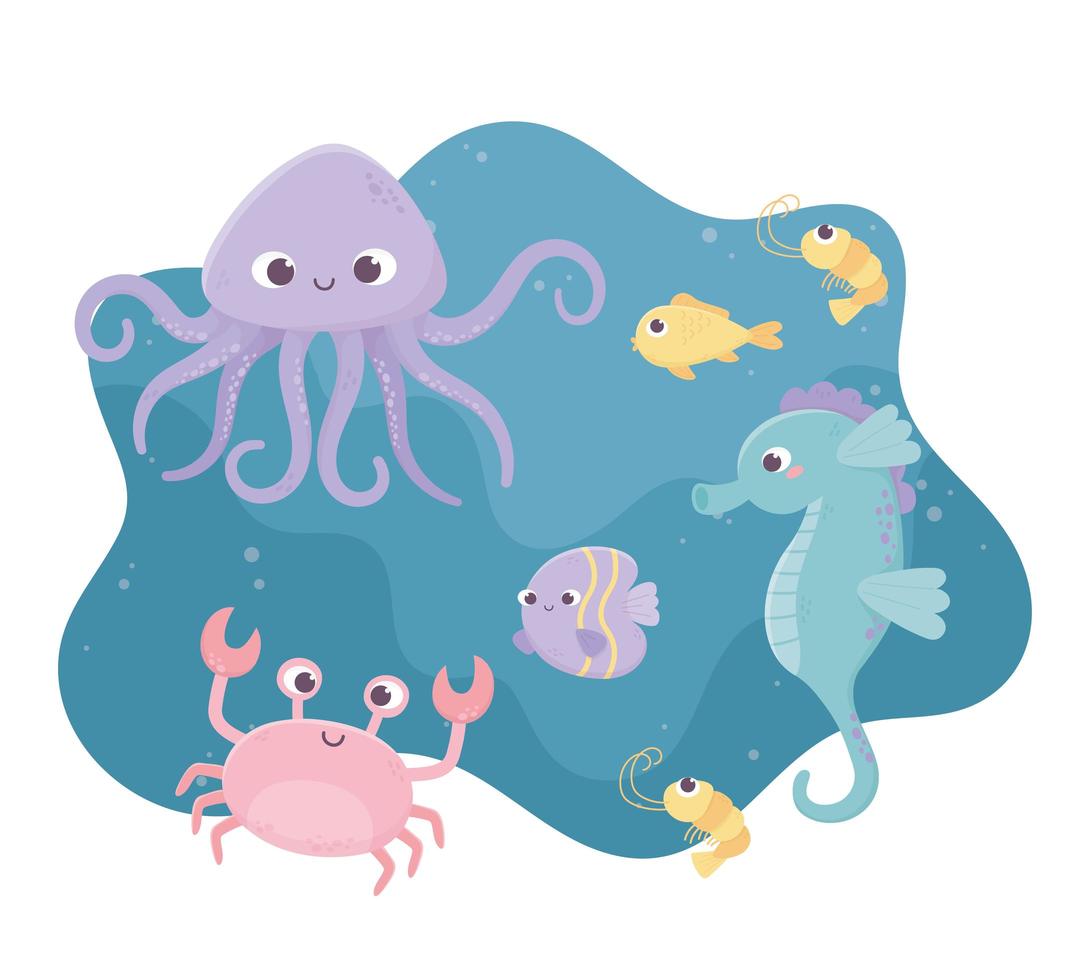 shrimp seahorse crab fishes octopus life cartoon under the sea vector