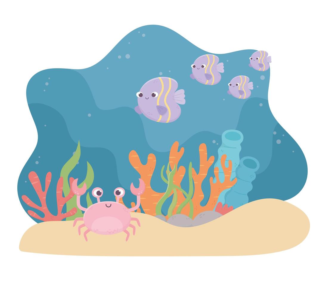 cangrejo peces vida arena arrecife de coral dibujos animados bajo el mar vector