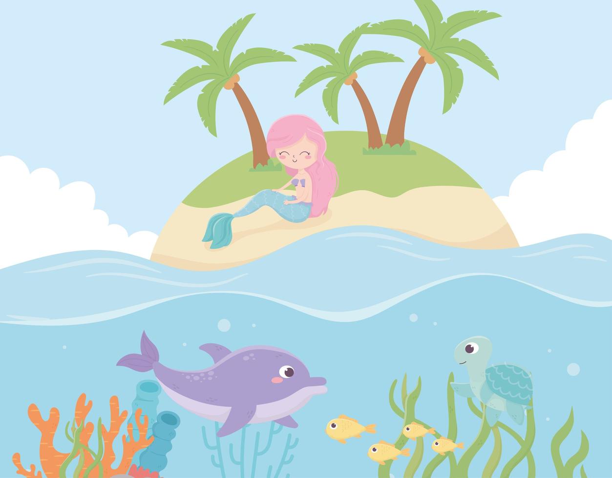 mermaid dolphin fishes under the sea vector