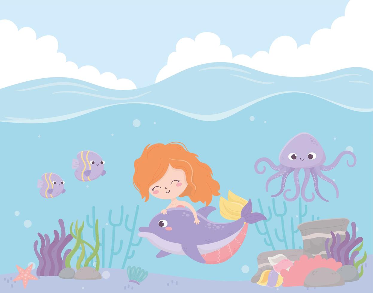 mermaid with dolphin octopus fishes coral cartoon under the sea vector