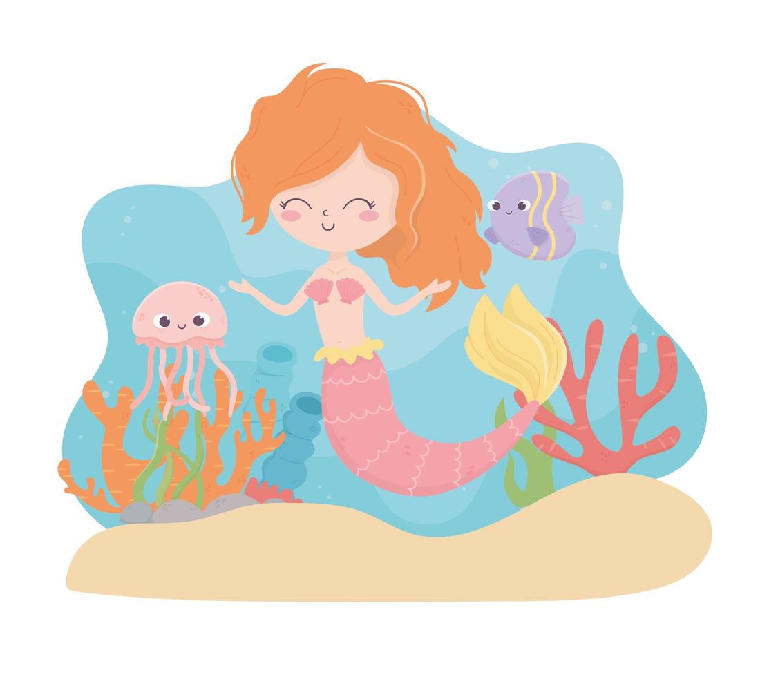 sirena medusa pez coral arena dibujos animados bajo el mar vector