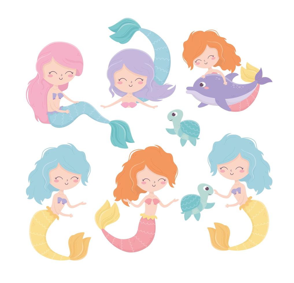 mermaids turtles dolphin cartoon under the sea vector