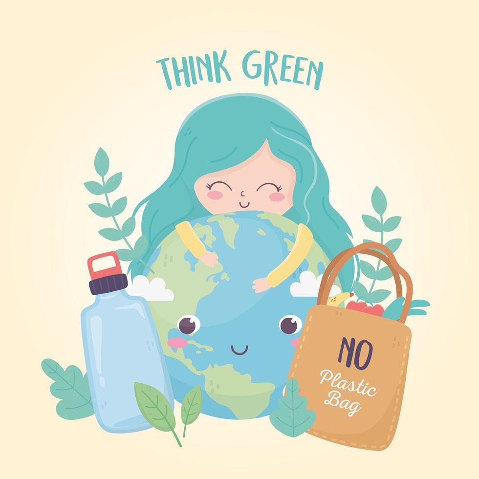 girl world bottle and shopping bag nature environment ecology vector