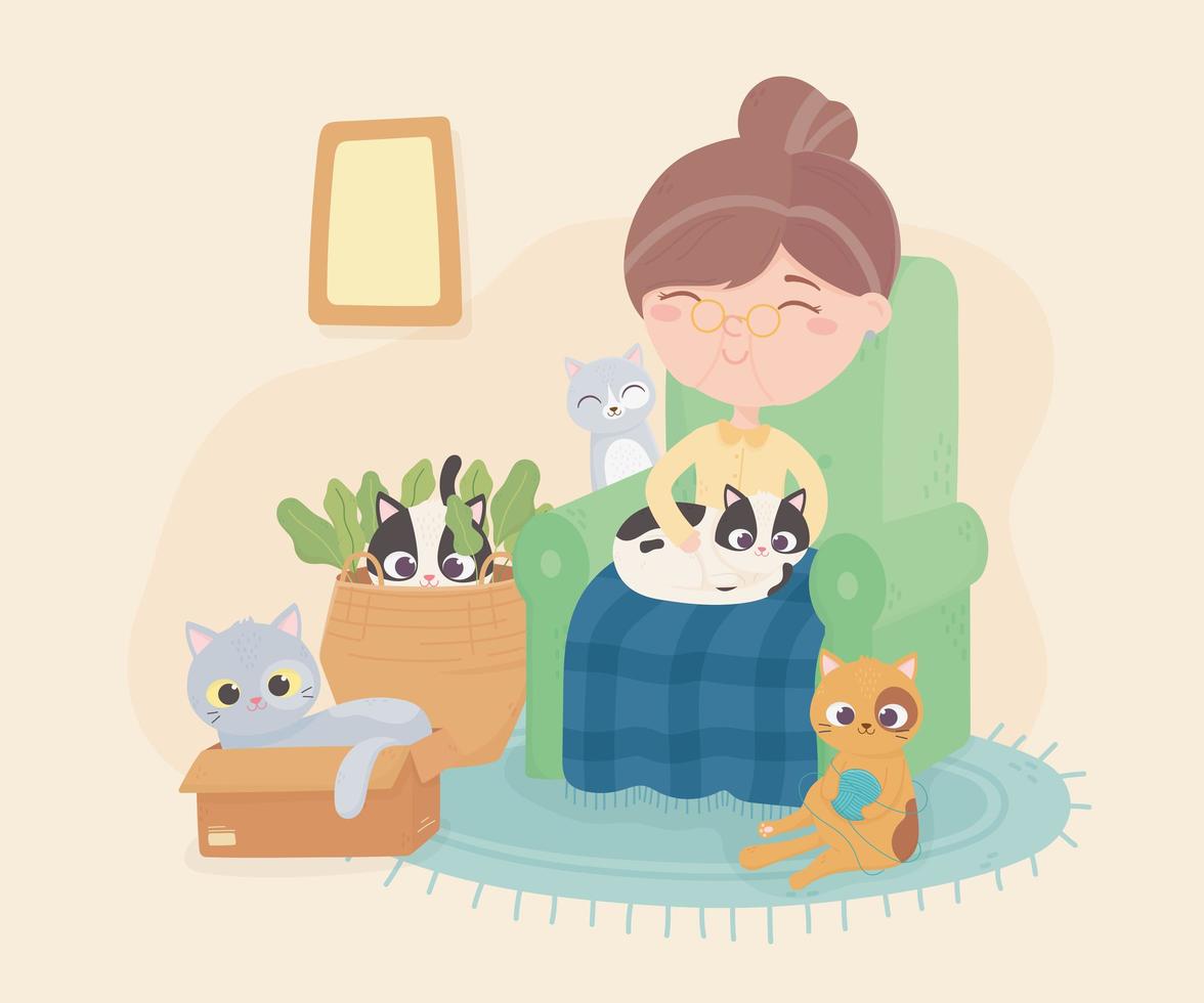 old woman sitting in chair with her cat and others playing room vector