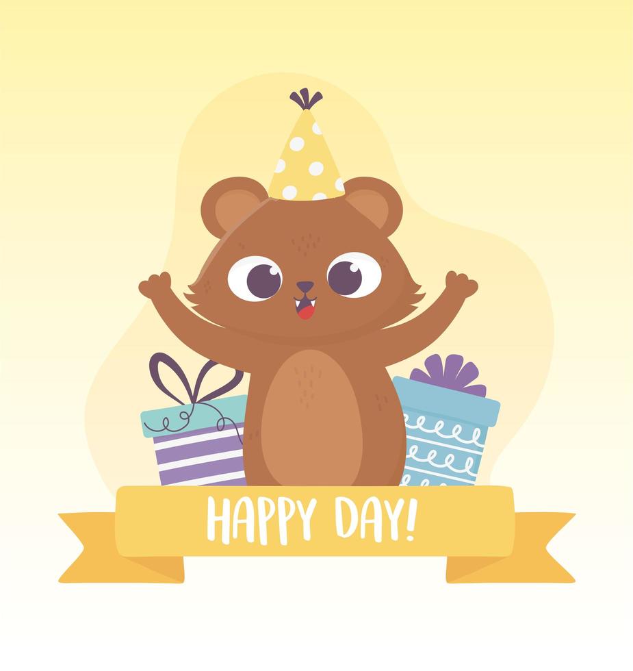 lindo oso con gorro de fiesta y cajas de regalo celebración feliz día vector