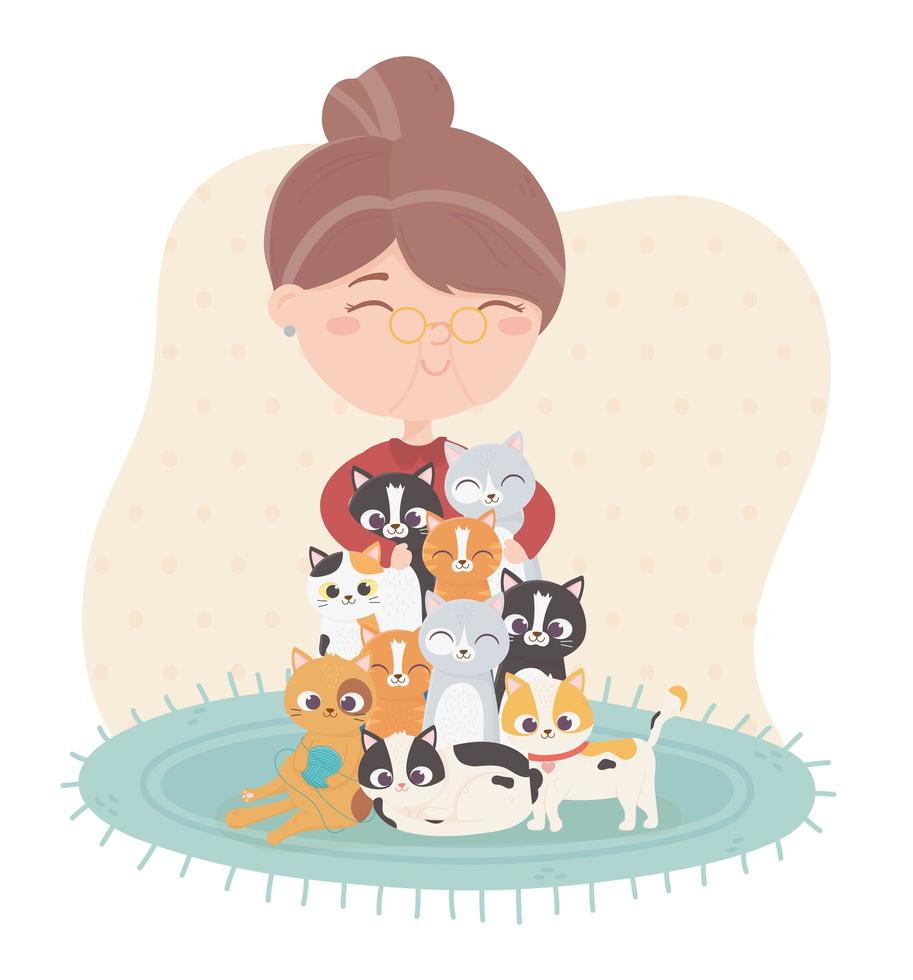 smiling old woman hugging many cats vector