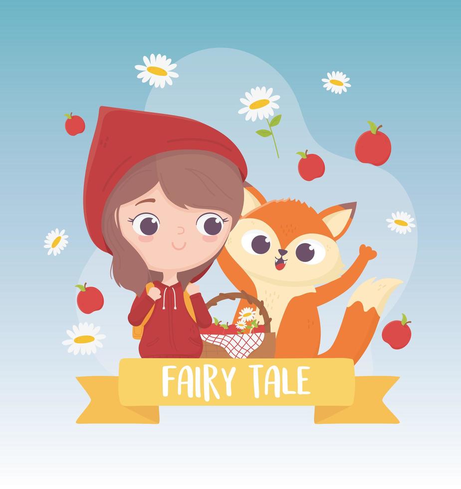 little red riding hood wolf apples and flowers with basket fairy tale cartoon vector