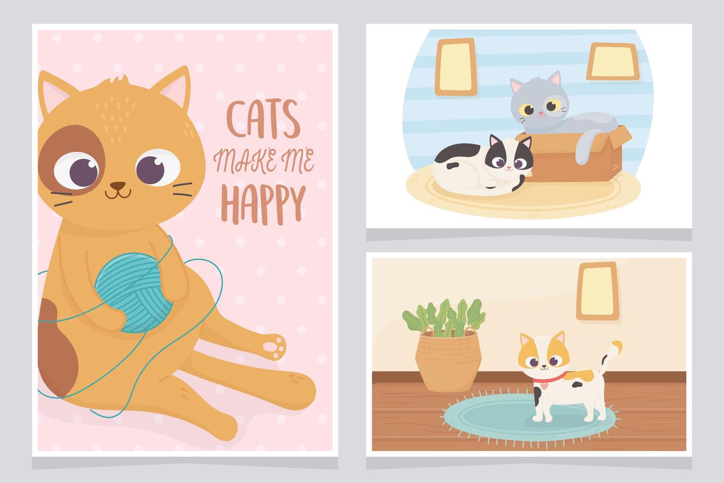 pet cats make me happy with wool ball box room carpet cartoon vector