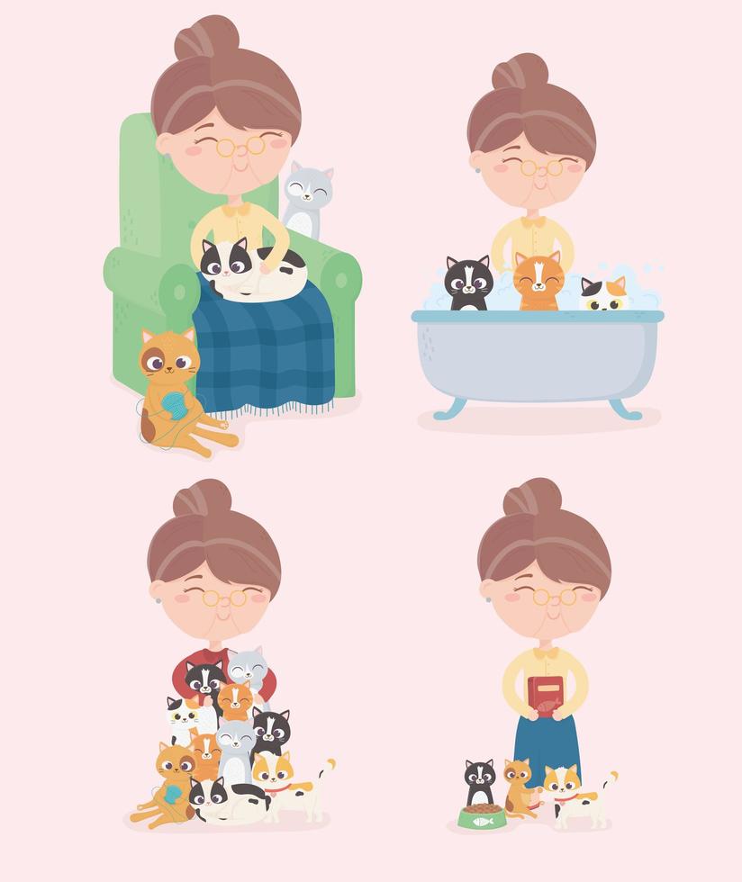 old woman with cats bathing feeding sleeping relaxation in armchair vector