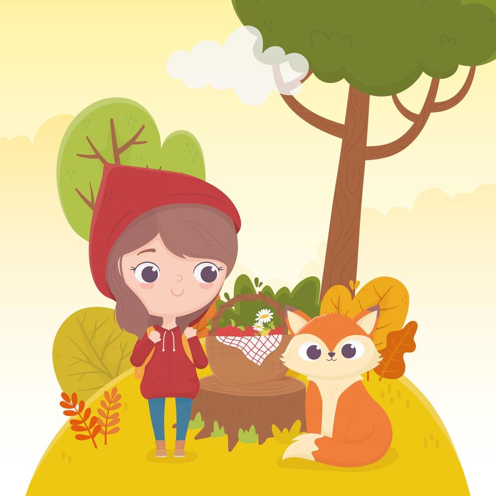 little red riding hood and wolf with basket food forest fairy tale cartoon vector