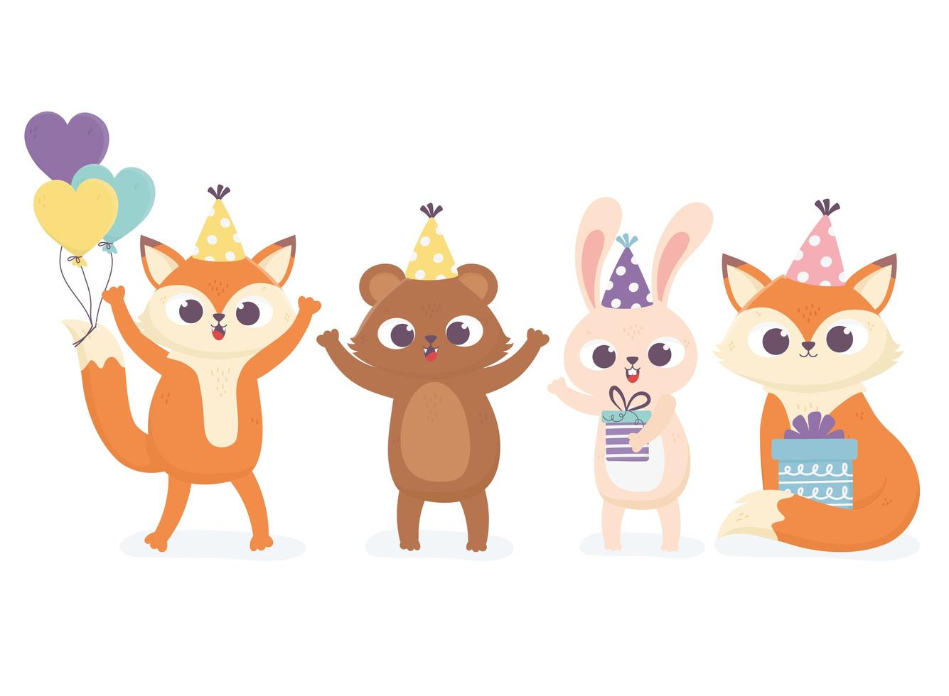 cute bear rabbit and foxes with party gifts and balloons celebration happy day vector