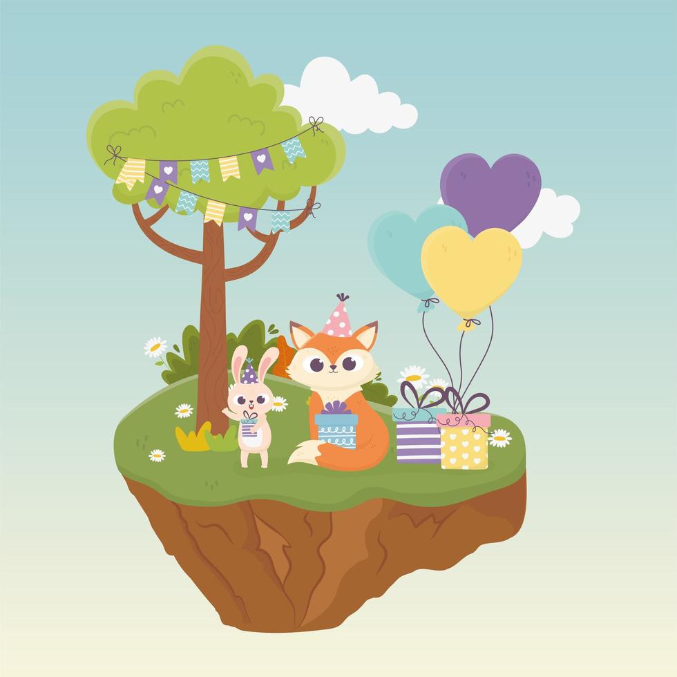 cute rabbit and fox with hat gifts celebration happy day vector