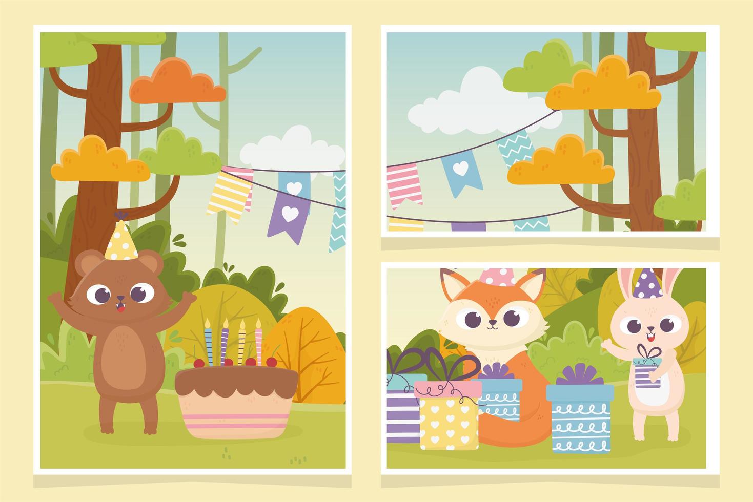 cute bear rabbit fox with party gift boxes decoration celebration happy day vector