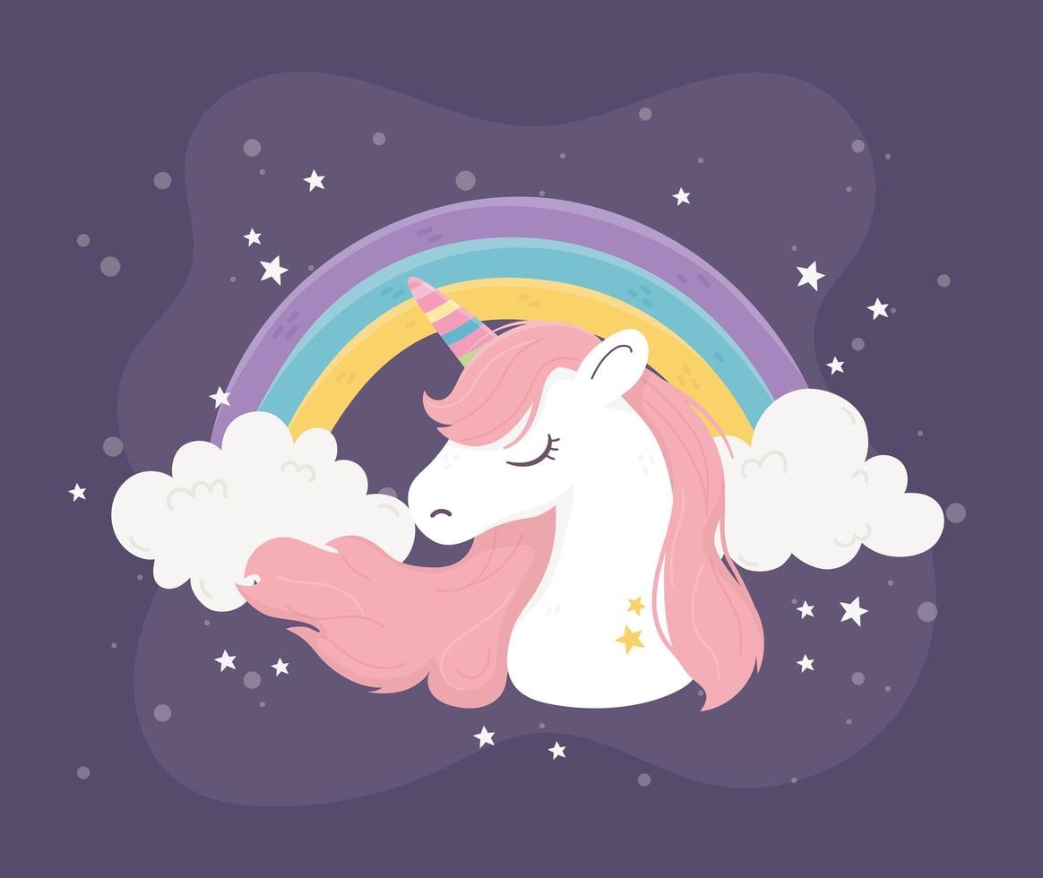 unicornio arcoíris nubes estrellas fantasía magia sueño lindo dibujos animados vector